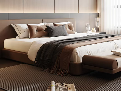 Modern Double Bed with Brown Headboard Soft Pillows and Blanket in Cozy Bedroom 3d model