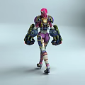 3D Pink Haired Female Character In Mechanical Armor With Red Blue Gear And Purple Accents 3d model