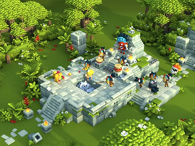 Cartoon Scene in Lush Jungle with Ancient Stone Structures and Colorful Characters Gathering on Platform 3d model