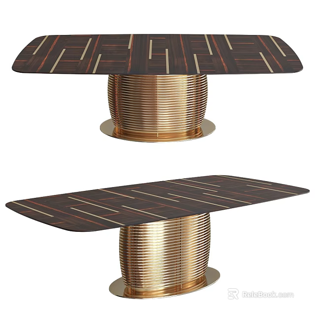Modern Dining Table With Black Tabletop Golden Lines And Spiral Metal Base 3d model 
