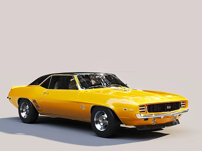 Vintage Classic Yellow Muscle Car with Black Roof Sleek Body and Silver Wheels Design 3d model