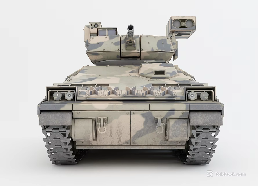 Military Camouflage Tank 3D Model Front View With Tracks And Cannon 3d model 
