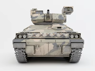 Military Camouflage Tank 3D Model Front View With Tracks And Cannon 3d model