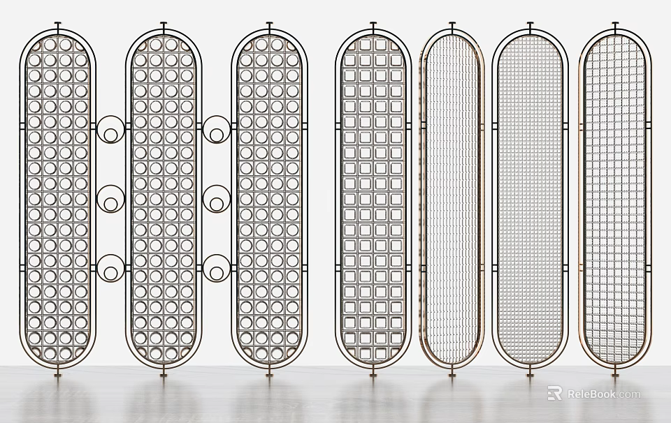 Various Decorative Metal Room Dividers Featuring Circular Holes Grid And Scroll Patterns 3d model