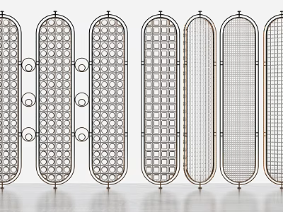 Various Decorative Metal Room Dividers Featuring Circular Holes Grid And Scroll Patterns 3d model