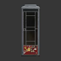 Red And White Telephone Booth With Glass Windows Bottom Stickers And Top Sign