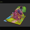 Cute Cartoon House Exterior With Blue Roof Chimney Small Stream Green Grass Trees And Bushes