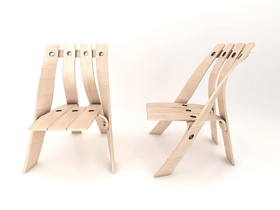 Modern Minimalist Wooden Leisure Chairs With Curved Slats Hole Details And Light Wood Finish 3d model