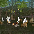 Wooded Camping Site With Campfire People Sitting Around And Natural Surroundings