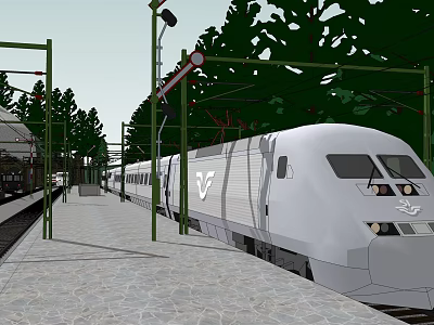 Modern Train Station Platform With White High Speed Train Green Structures And Trees 3d model