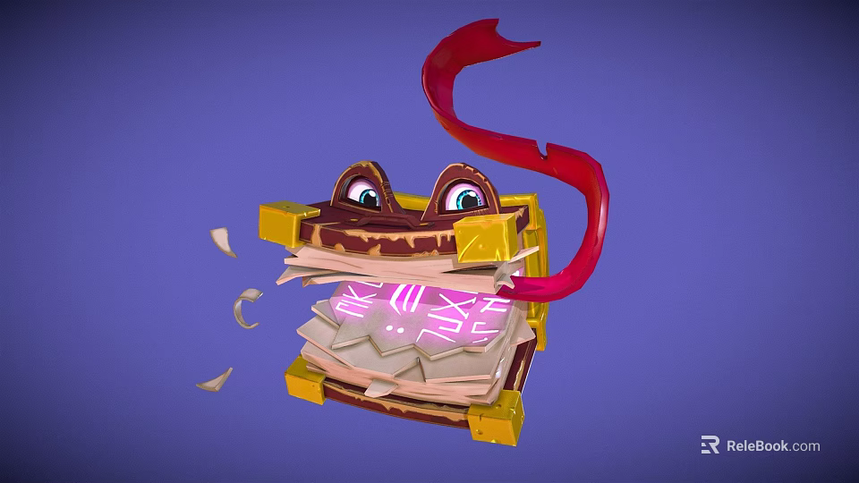 Cartoon Open Book With Eyes Red Ribbon Pink Glowing Wise Broken Pages And Paper Pieces 3d model 