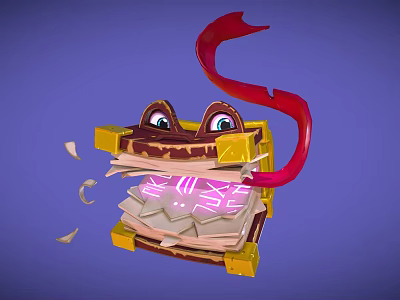 Cartoon Open Book With Eyes Red Ribbon Pink Glowing Wise Broken Pages And Paper Pieces 3d model