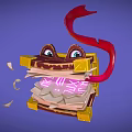 Cartoon Open Book With Eyes Red Ribbon Pink Glowing Wise Broken Pages And Paper Pieces