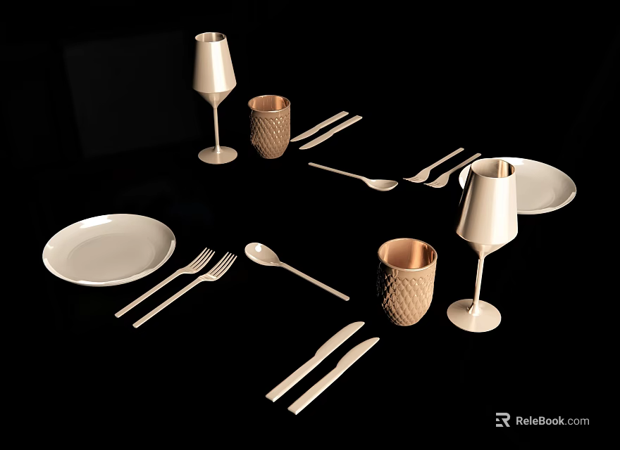 Complete Tableware Set With Plates Knives Forks Spoons Wine Glasses And Cups 3d model