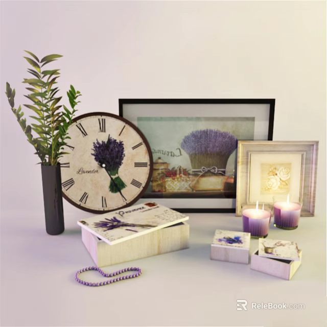 Lavender Pattern Decorative Ornament Set With Clock Picture Frames Purple Candles And Green Plant 3d model 