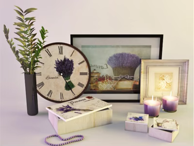 Lavender Pattern Decorative Ornament Set With Clock Picture Frames Purple Candles And Green Plant 3d model