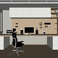 Modern Study Room Interior With Desk Monitor Black Chair White Bookshelves Perforated Wall Potted Plant