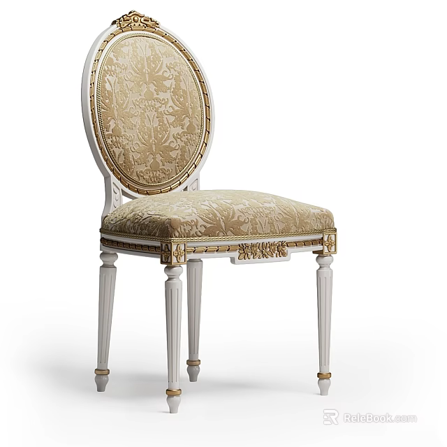Classic Single Chair With Oval Backrest Ornate Fabric And White Legs Gold Accents 3d model 