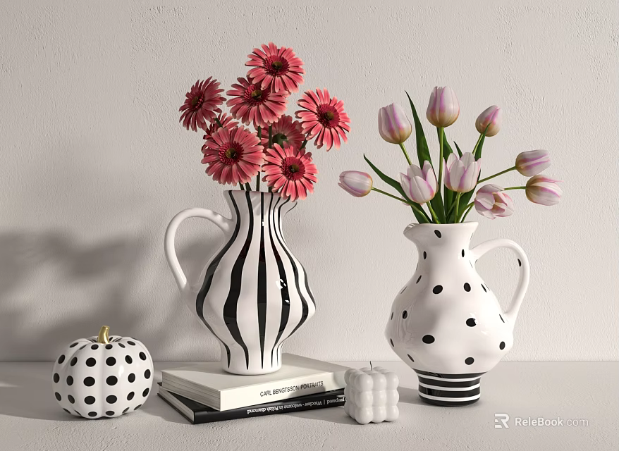 Black White Striped Polka Dot Vases With Red Daisies And Pink Tulips Books On Table 3d model 