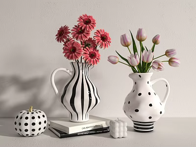 Black White Striped Polka Dot Vases With Red Daisies And Pink Tulips Books On Table 3d model