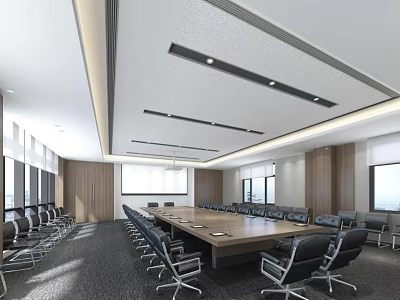 Modern Conference Room Interior Design With Long Wooden Table Black Office Chairs And Projector Screen 3d model