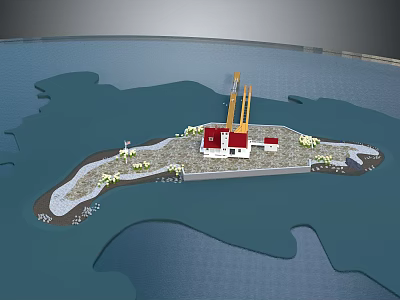 Cartoon Scene of Island with Red Roof Buildings Yellow Chimneys and Blue Surrounding Water 3d model