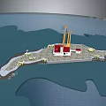 Cartoon Scene of Island with Red Roof Buildings Yellow Chimneys and Blue Surrounding Water