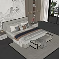 Elegant Double Bed Interior With Landscape Mural Bedside Tables Bench And Floor to Ceiling Windows 3d model