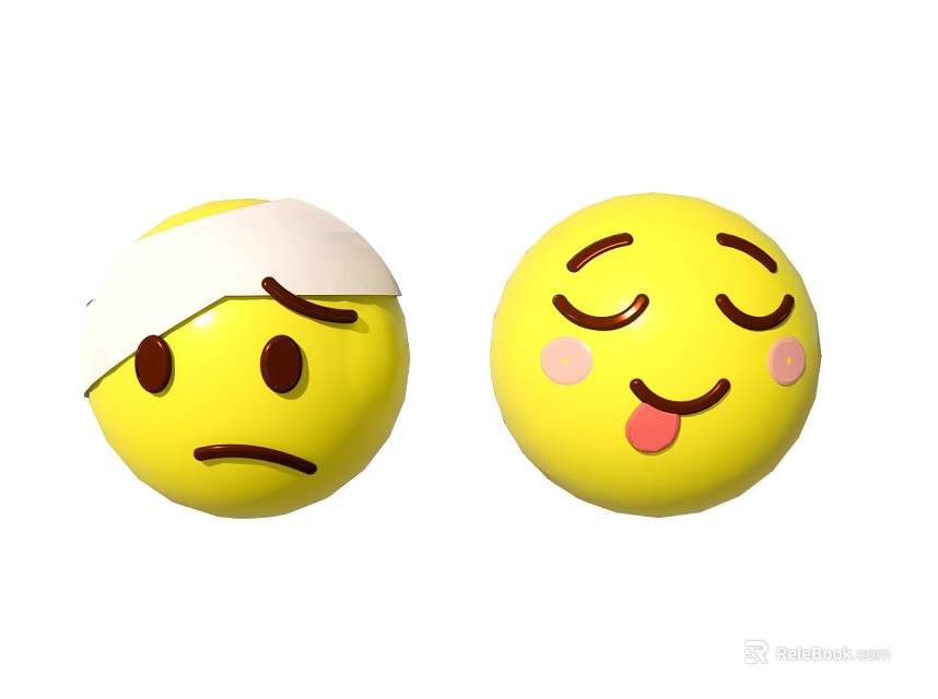Yellow Emoji Balls One With Bandage Sad Face and Another Closed Eyes Tongue Out Happy 3d model 
