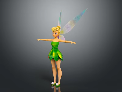 Tinker Bell Game Movie Character With Green Leaf Dress Transparent Iridescent Wings And Blonde Hair 3d model