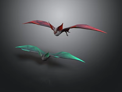 Two Colorful Winged Animals With Red And Green Wings Flying Against Dark Background 3d model