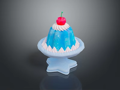 Blue Jelly Dessert With White Cream Topping And Cherry On Star Shaped Plate 3d model