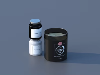 Body Lotion Face Cream And Candle In Black White Containers With Labels 3d model