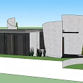 Modern Detached Villa with Curved Concrete Exterior Wooden Entrance and Lush Lawn Trees