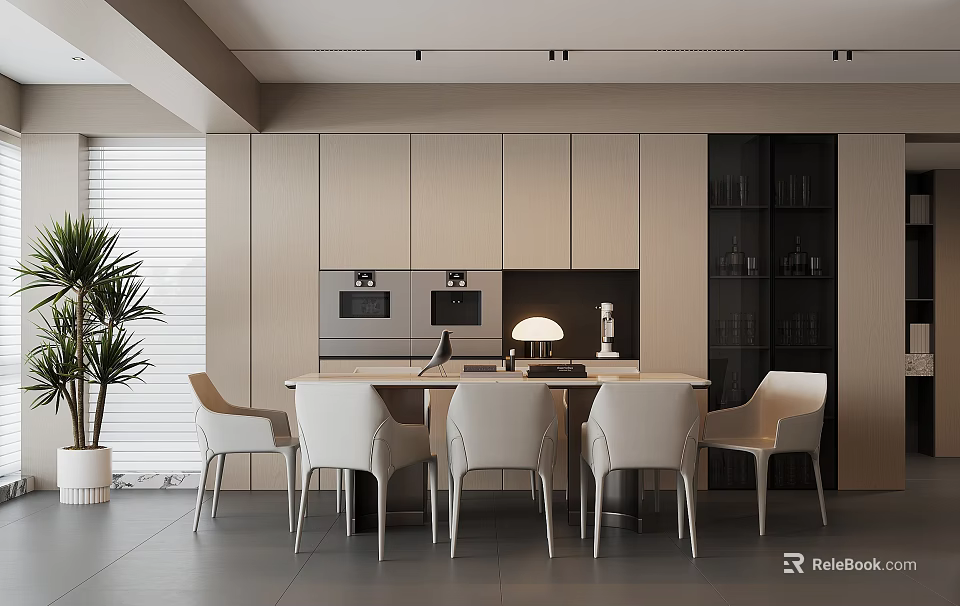 Modern Restaurant Interior Design With Open Layout Dining Table Chairs And Pendant Lighting 3d model