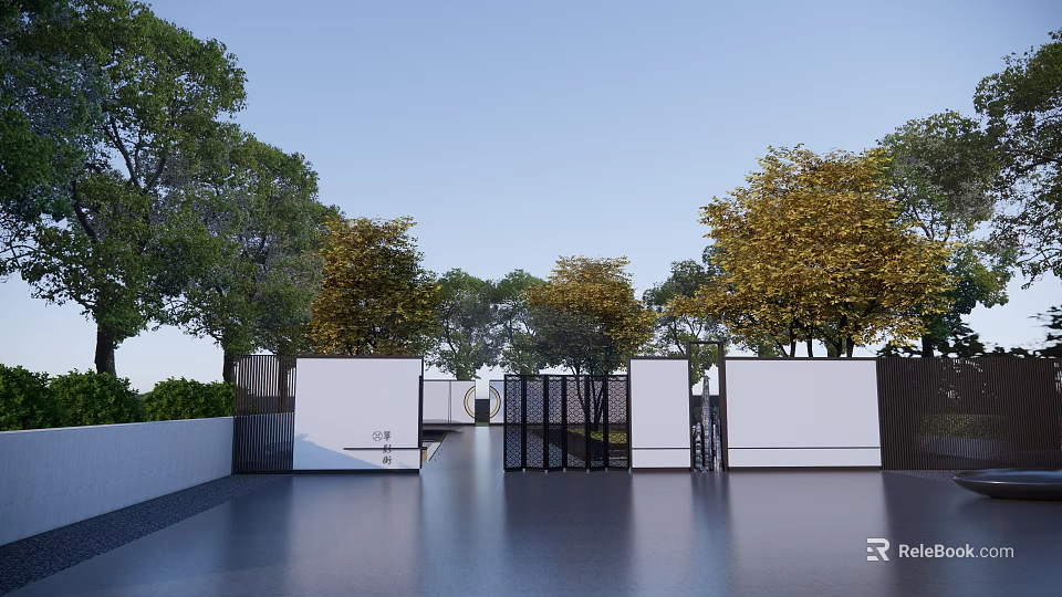 Modern Feature Wall Design In Courtyard Entrance Surrounded By Lush Trees 3d model 