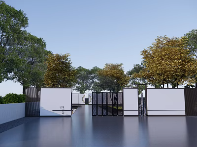 Modern Feature Wall Design In Courtyard Entrance Surrounded By Lush Trees 3d model
