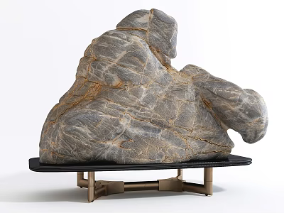 Natural Textured Gray Stone With Wooden Stand For Home Decorative Accent 3d model