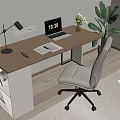 Modern Office Desk With Laptop Notebook Desk Lamp And Ergonomic Chair Near Green Plant