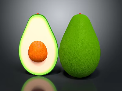 Fresh Ripe Green Avocado Whole and Halved with Orange Pit on Black Surface 3d model