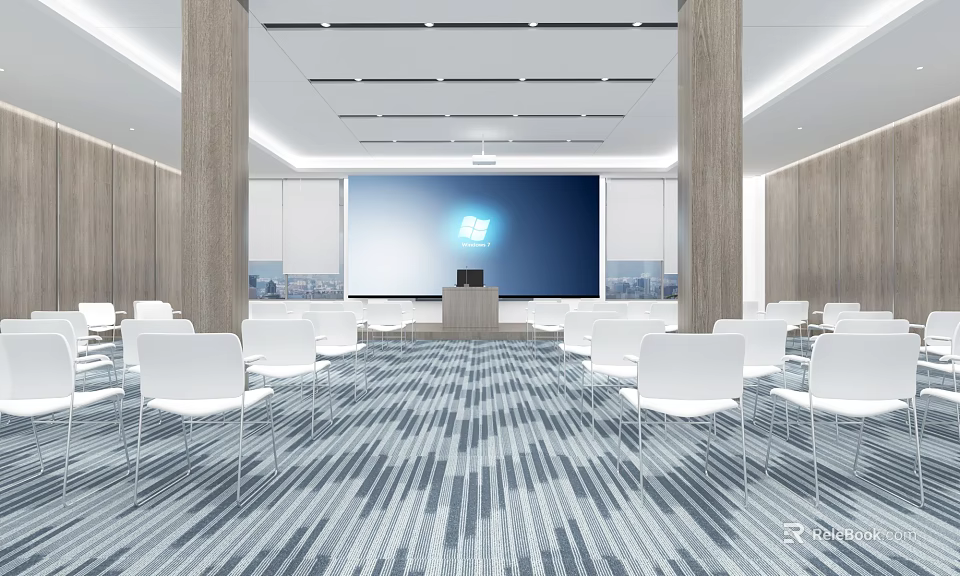 Modern Conference Room Interior With Large Projection Screen White Chairs And Wooden Columns 3d model 