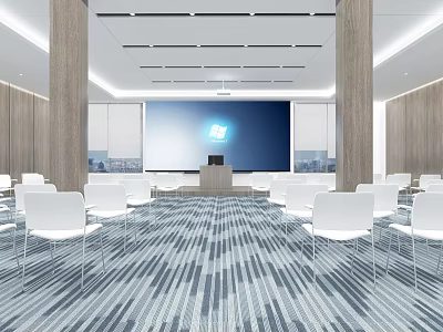 Modern Conference Room Interior With Large Projection Screen White Chairs And Wooden Columns 3d model