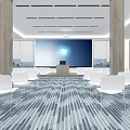 Modern Conference Room Interior With Large Projection Screen White Chairs And Wooden Columns