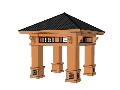Traditional Pavilion Design With Black Roof Brown Pillars And Lattice Details 3d model