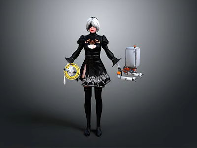 White Haired Female Character With Black Outfit Holding Mechanical Creature And Yellow Object 3d model