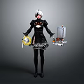 White Haired Female Character With Black Outfit Holding Mechanical Creature And Yellow Object