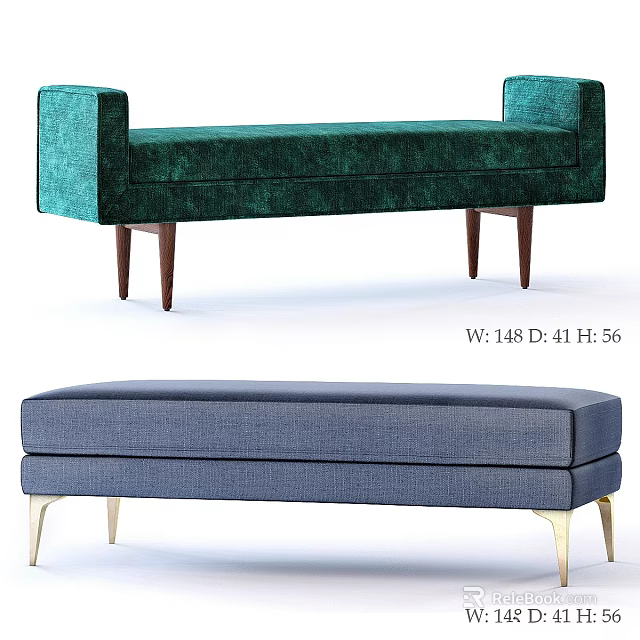 Modern Green And Blue Upholstered Sofa Bench With Armrests And Metal Wooden Legs 3d model 
