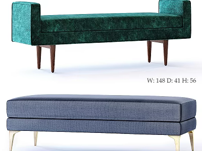 Modern Green And Blue Upholstered Sofa Bench With Armrests And Metal Wooden Legs 3d model
