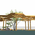 Garden Landscape With Hexagonal Golden Pavilion Structure Water Pool Reflection Small Trees Stones And Bench
