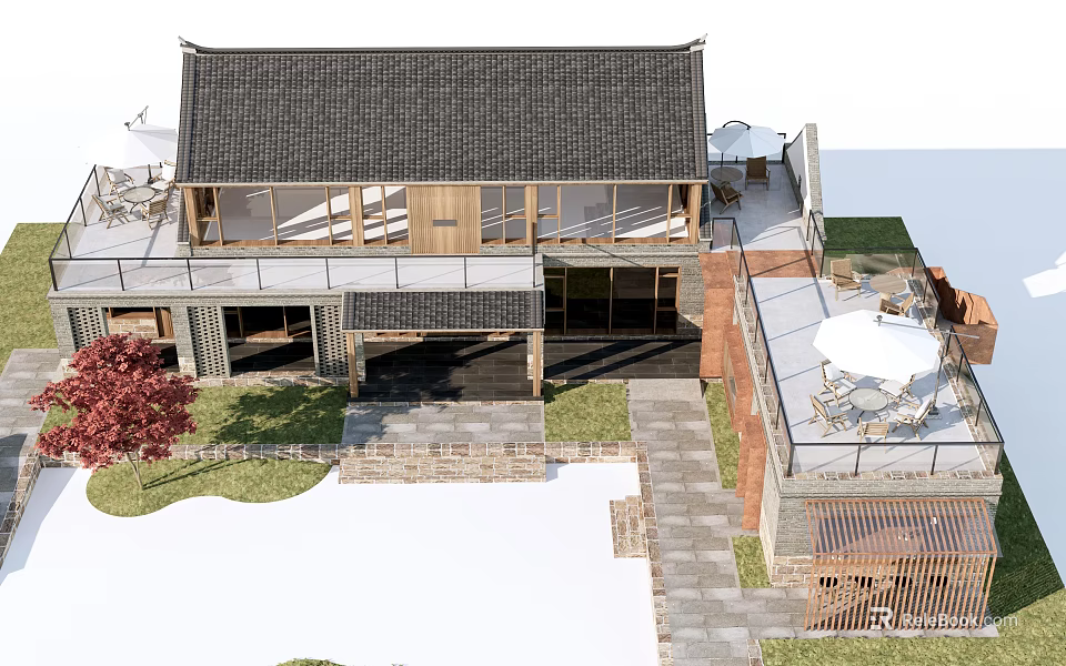 Rural Self Built House With Tiled Roof Courtyard And Terrace Design 3d model 